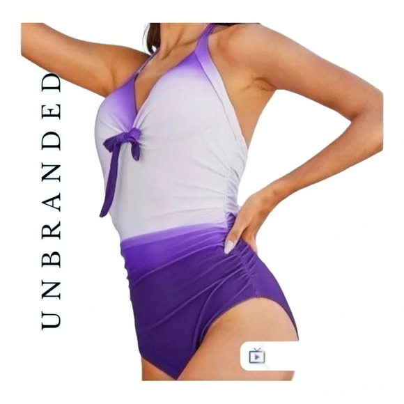 1262. UNBRANDED ONE PIECE SWIMSUIT OMBRE PURPLE IN COLOR HALTER TIE RUCHED Sz sm - Picture 1 of 9